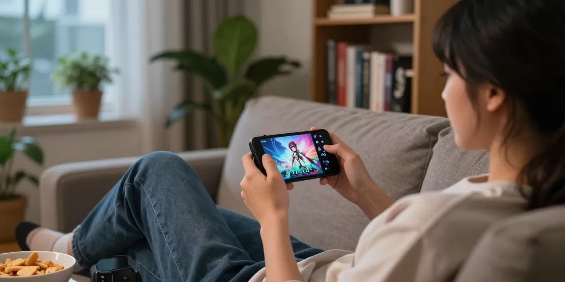 Enjoying a mobile hentai game on a cozy sofa amidst a stylish living room setup.