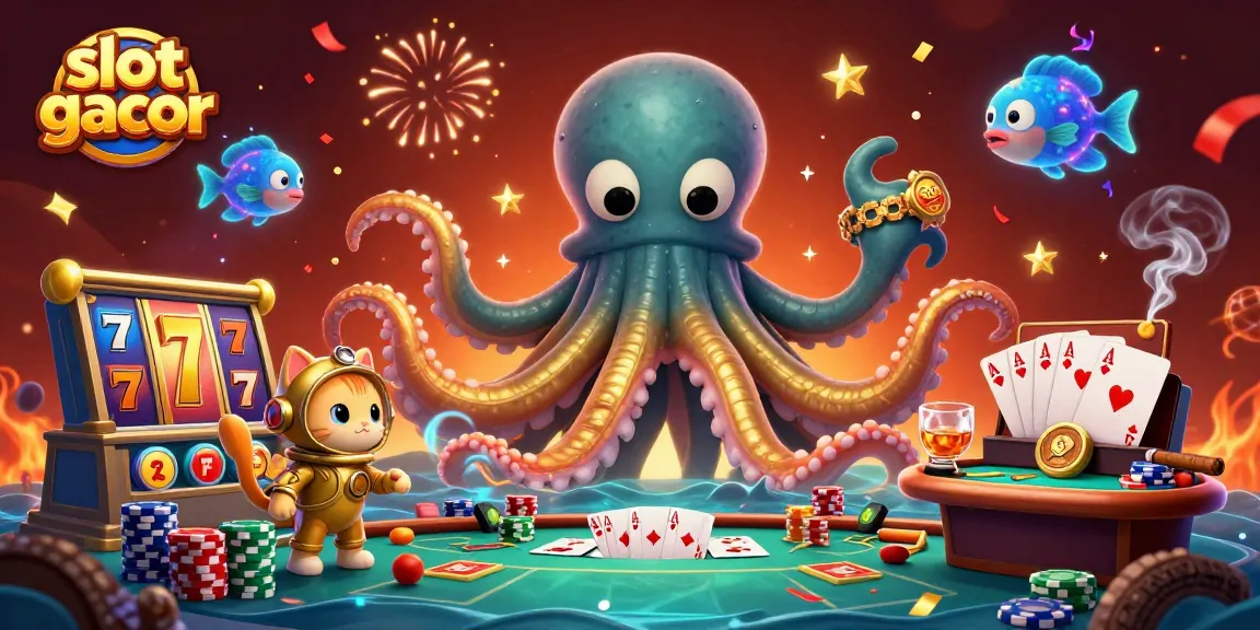 Experience thrilling slot gacor action with a kraken, diving cat, and poker elements in an engaging scene.
