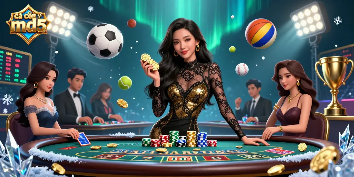 Engage in cá cược tài xỉu md5 with a stylish Asian woman at a high-stakes baccarat table holding casino chips.