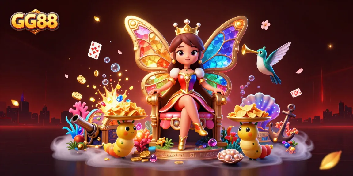 GG88 features a vibrant 3D cartoon scene showcasing a colorful butterfly queen with gaming elements, embodying the excitement of online gambling.