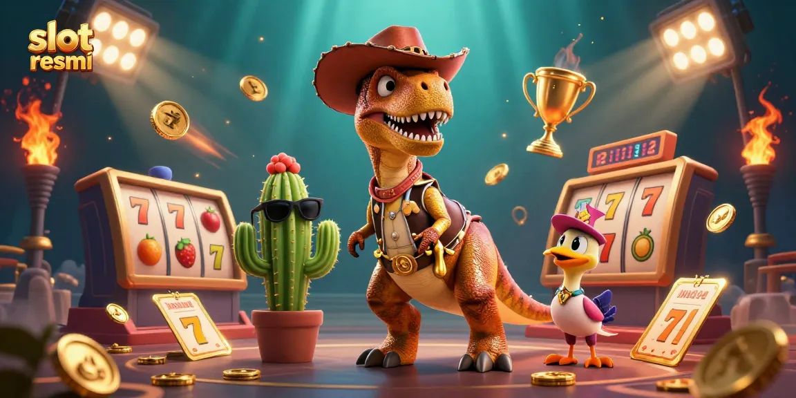 Slot resmi menampilkan dinosaurus koboi dan makhluk lucu dalam suasana kasino yang seru.