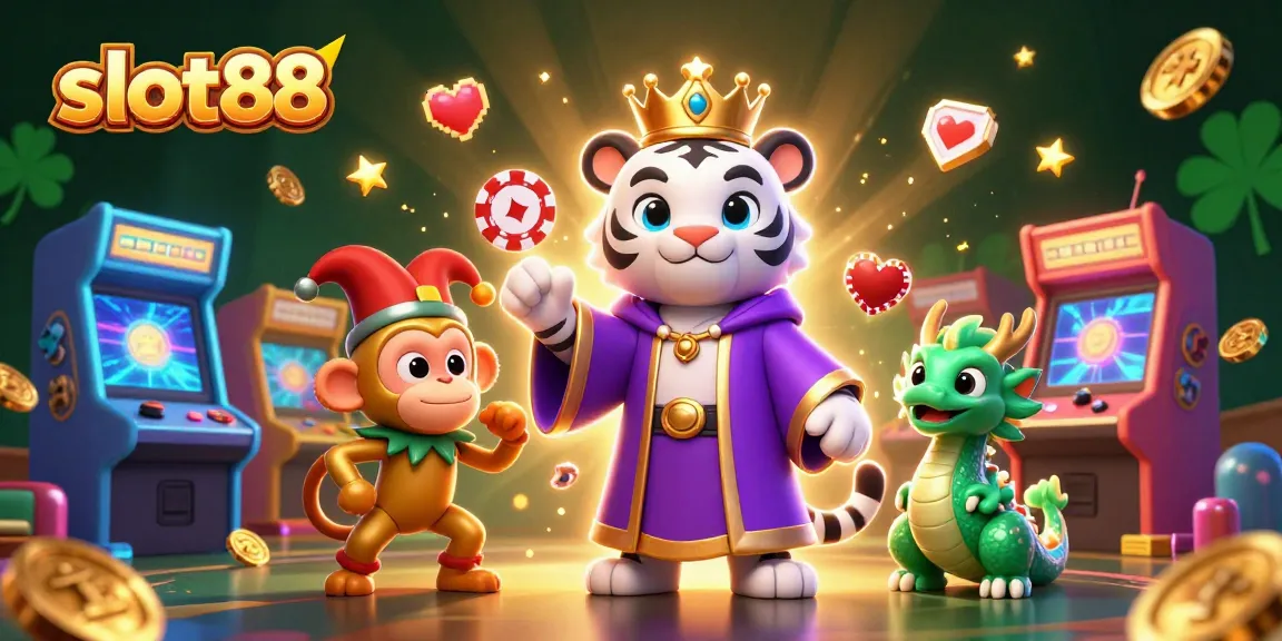 Experience excitement with slot88 featuring a royal white tiger and a playful monkey surrounded by colorful slot elements.