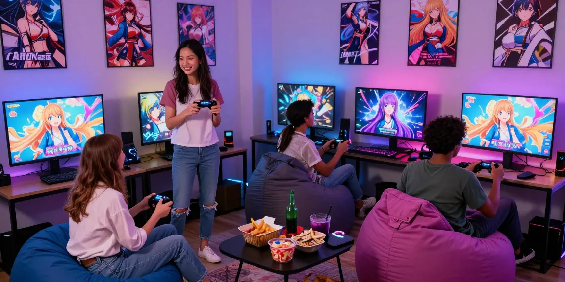 Friends enjoying a lively gaming session featuring popular hentai games in a cozy lounge setting.
