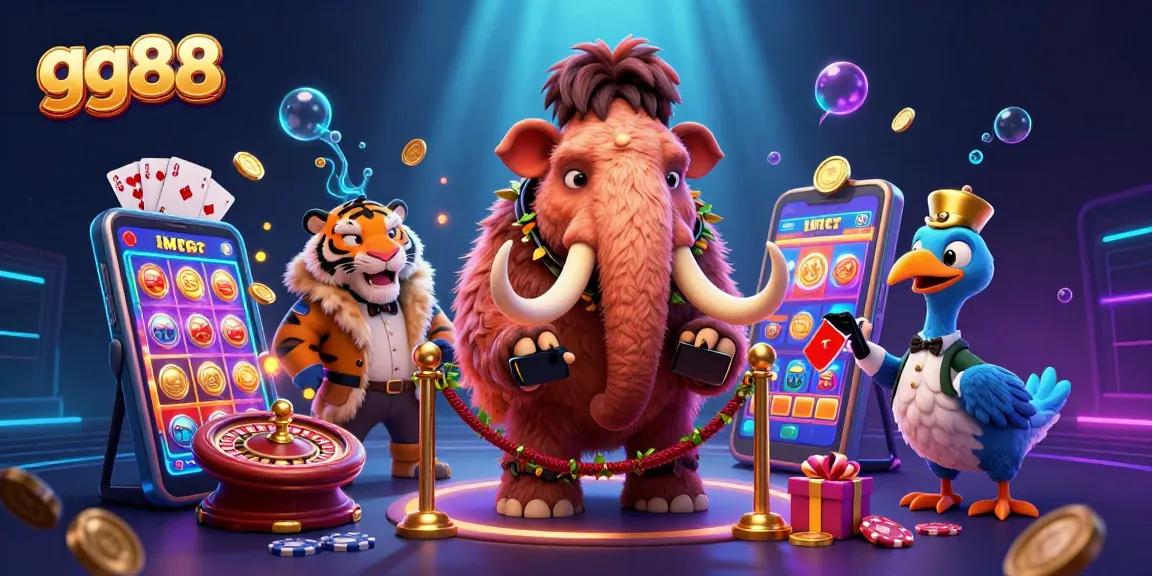 Engage with gg88's vibrant online casino scene featuring a woolly mammoth bouncer, a saber-tooth VIP, and a dodo doorman amidst dynamic slot games.