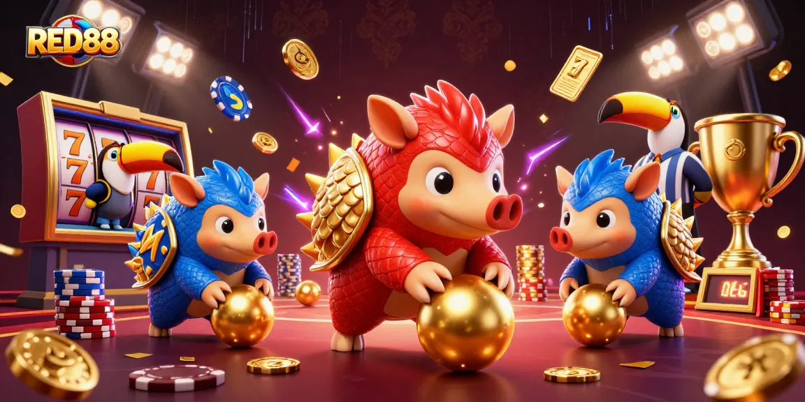 Experience the thrill of RED88 as rival pangolins compete in a dynamic casino game scene.