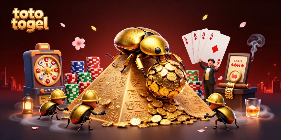 Engage in toto togel with a vibrant 3D illustration showcasing a golden beetle rolling coins and lottery elements.
