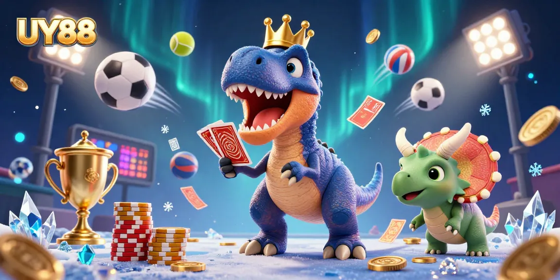 Experience the excitement of UY88 as playful dinosaurs engage in card games amidst sports-themed casino elements.