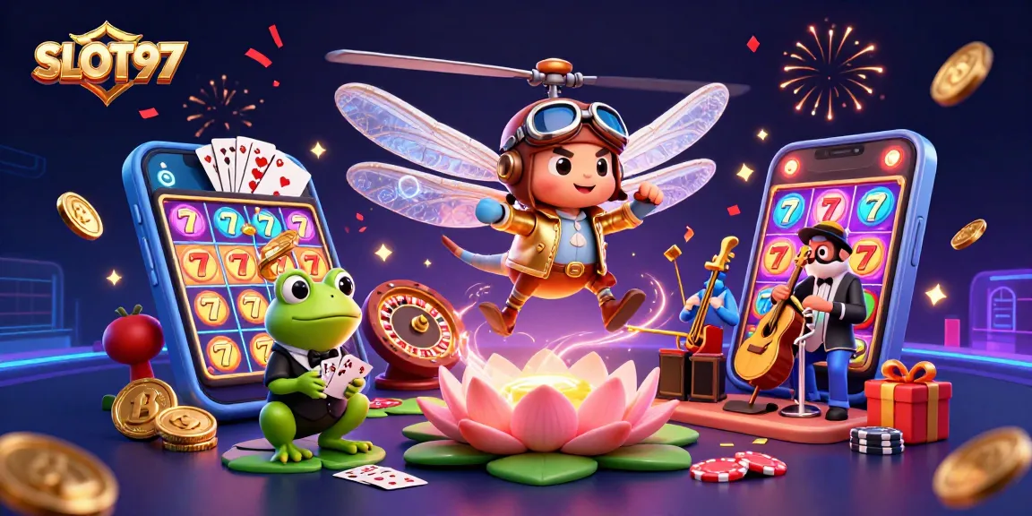SLOT97's immersive gaming experience with vibrant slot reels and lively characters in a rich casino scene