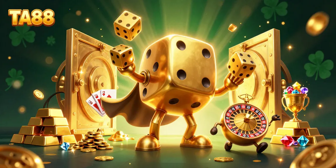Experience thrilling gameplay at TA88 with an illustration of a whimsical dice golem and roulette elements.
