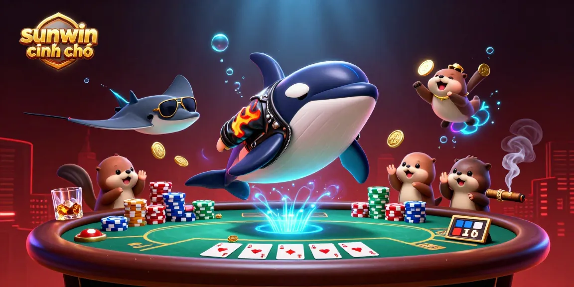 Experience win opportunities at Sunwin chính chủ with engaging otters and an orca in a vibrant casino scene.