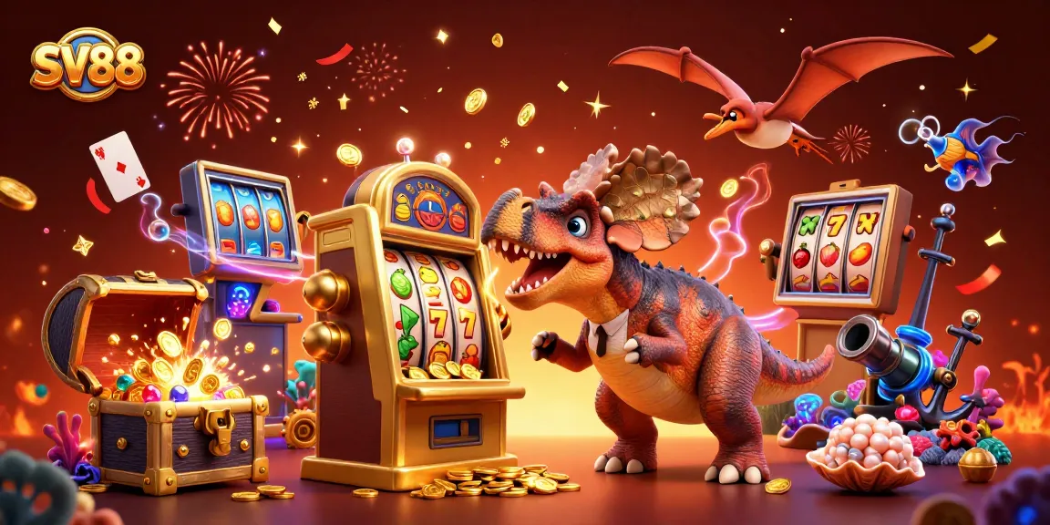 SV88 features an animated dinosaur interacting with a slot machine, capturing a jackpot moment amidst vibrant casino elements.