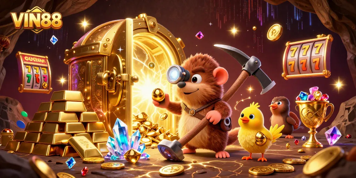 Experience high-stakes gaming excitement at VIN88 with vibrant treasure-filled digital art.