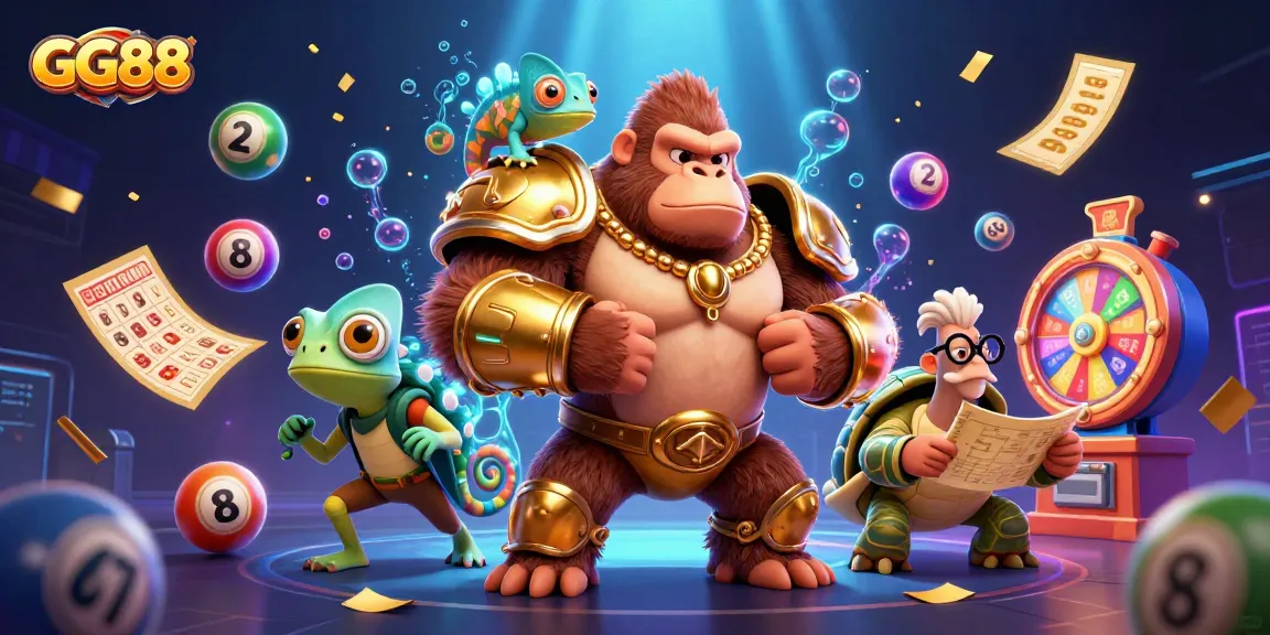 GG88 brings excitement to life with a 3D illustration of a powerful gorilla king, chameleon, and tortoise in a vibrant casino atmosphere, surrounded by lottery elements.