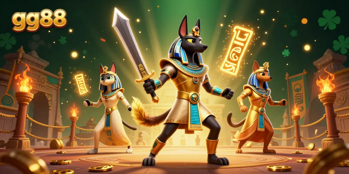Experience thrilling slots at gg88, featuring Anubis and Bastet amidst glowing treasures in a rich, vibrant setting.
