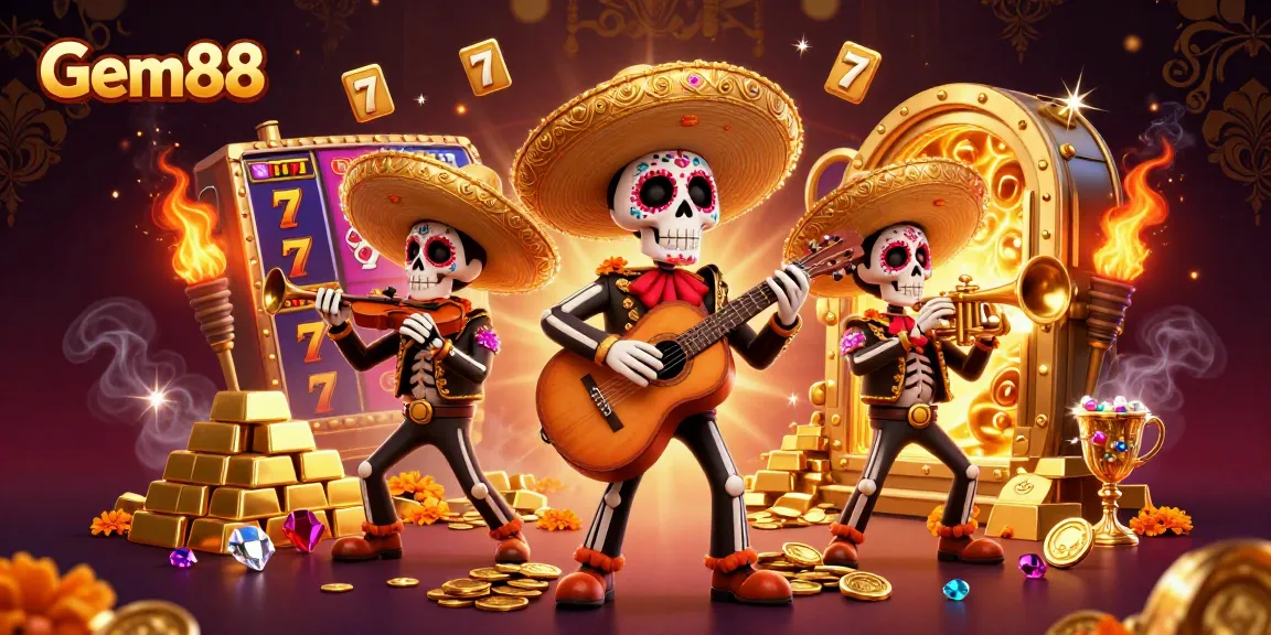 Gem88 unleashes vibrant excitement with a lively mariachi band amidst sparkling jackpots and treasures.