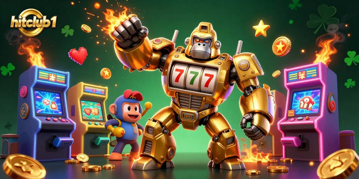 Experience hitclub1's thrilling gaming atmosphere with a dynamic gorilla mech and vibrant arcade elements.