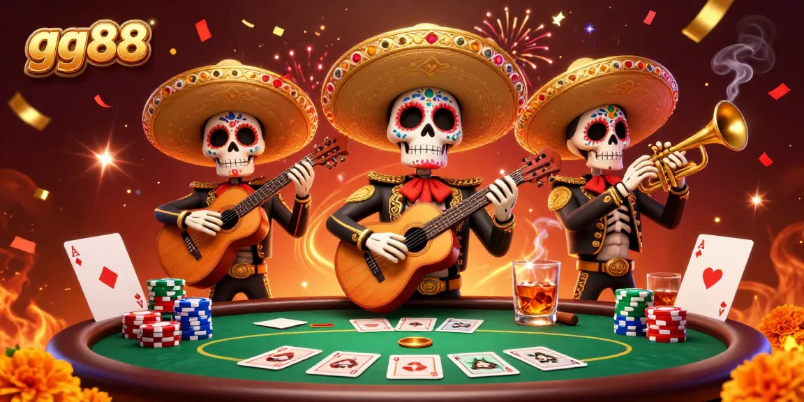 Engage with gg88's vibrant casino scene featuring a lively mariachi band amidst colorful poker elements.