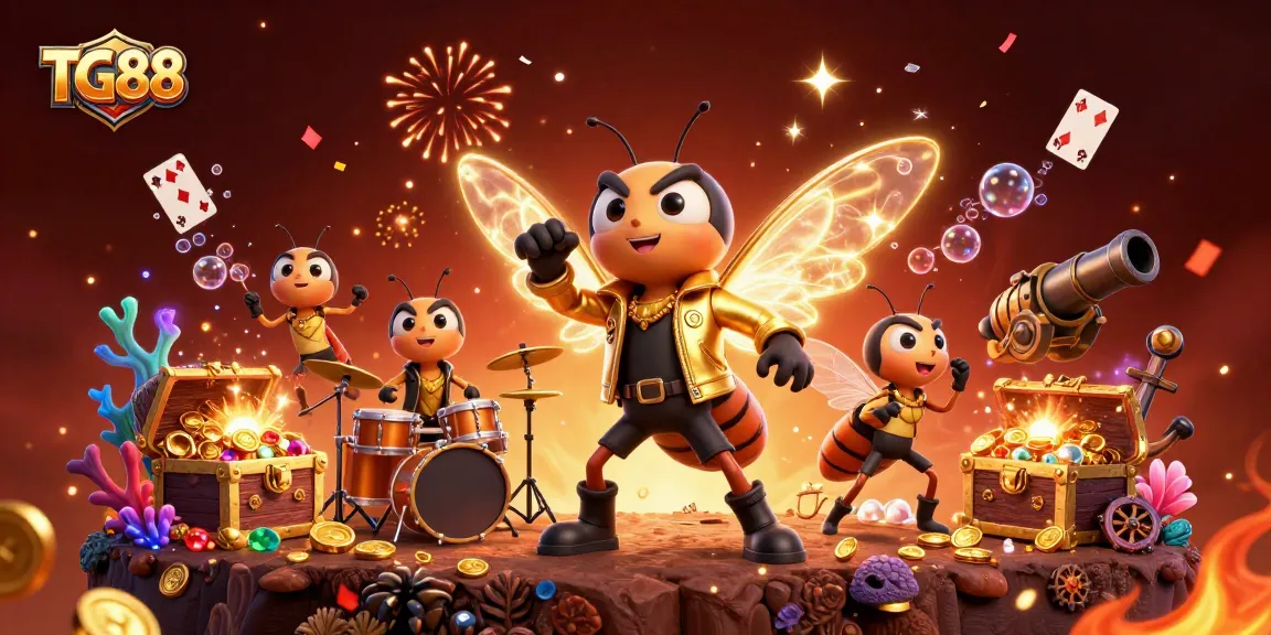 The TG88 rock star cicada bursts into play, while vibrant slots and underwater treasures enhance the casino excitement.